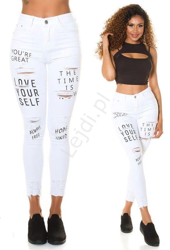 Białe jeansy love your self, modne jeansy z napisami i przetarciami 570