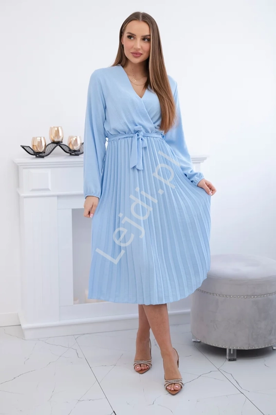 Błękitna elegancka sukienka szyfonowa z plisowaną spódnicą, modna sukienka na święta, komunię 1027M