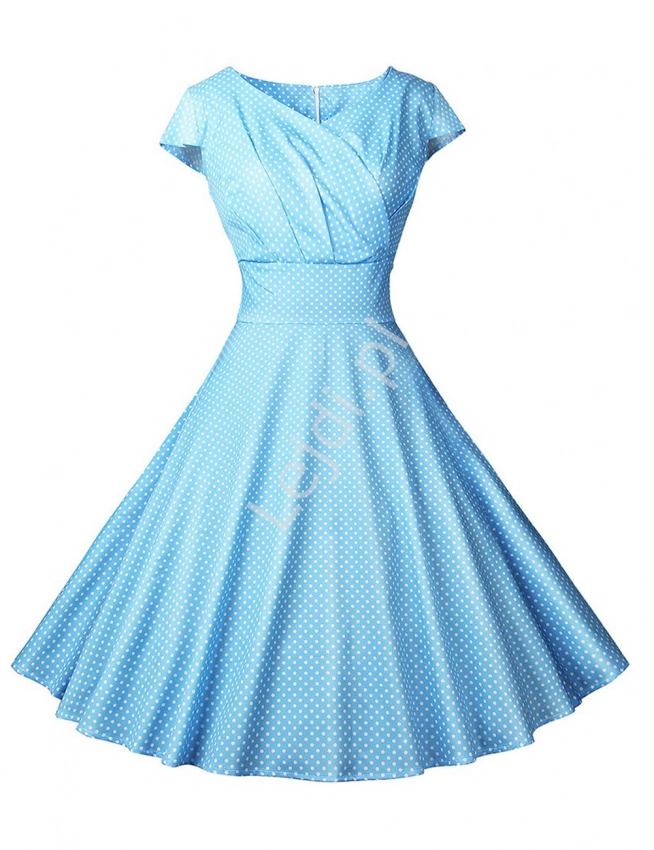 Błękitna sukienka retro w kropki 467