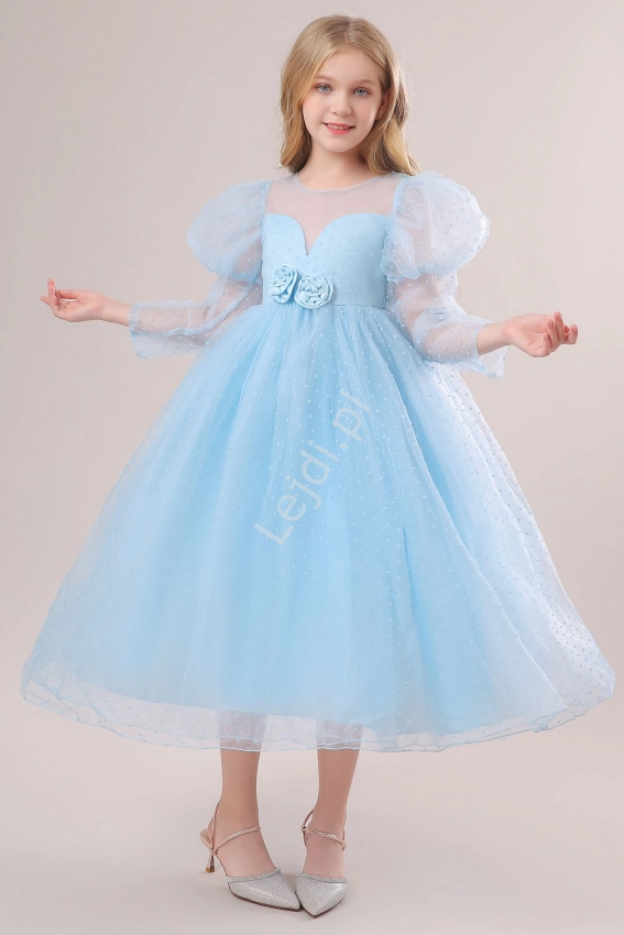 Błękitna sukienka w groszki retro z bufkami dla dziewczynki 286