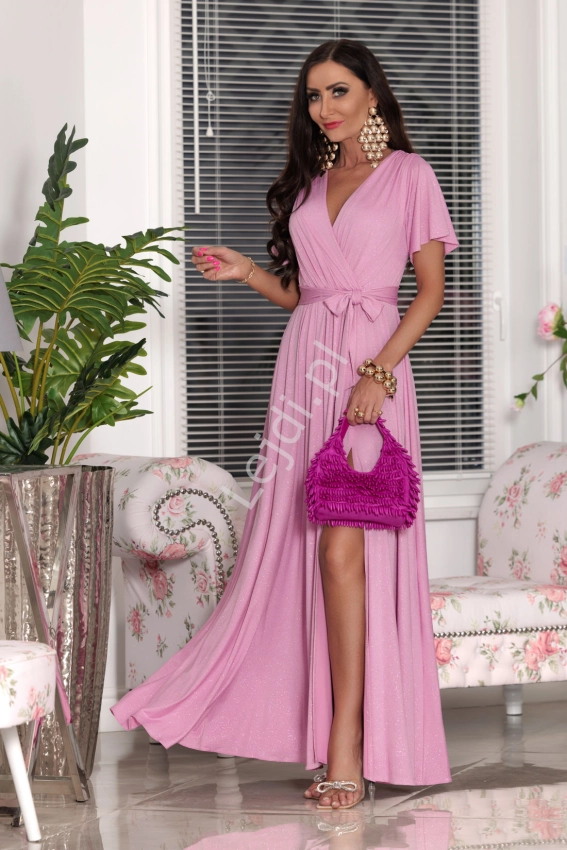 Cukierkowo rózowa sukienka z rękawkami typu motylek  Bella