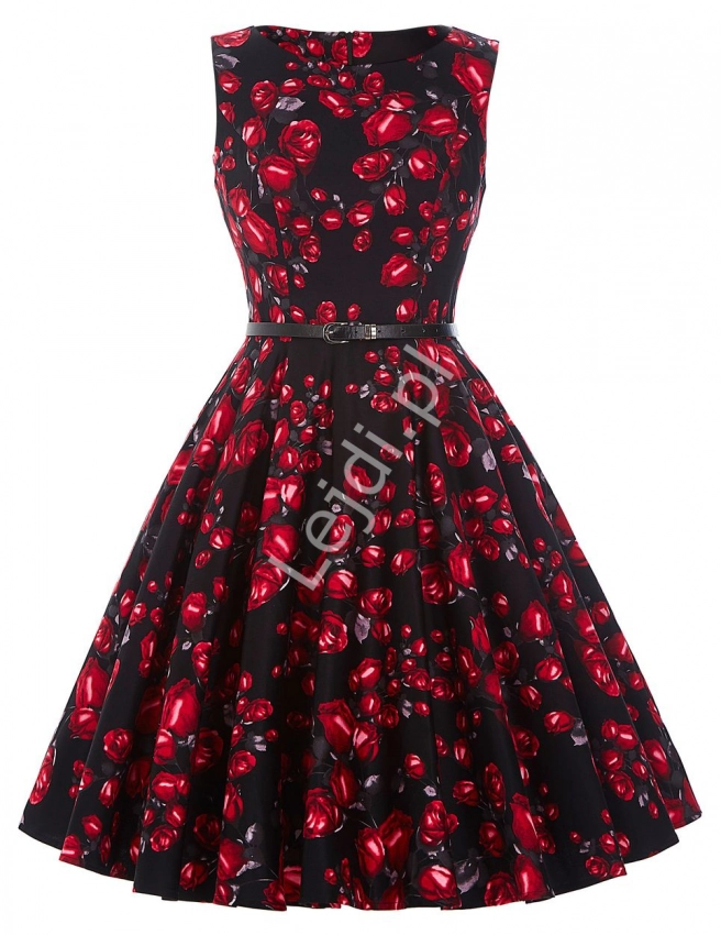 Czarna elegancka sukienka rozkloszowana w róże - pin up dress