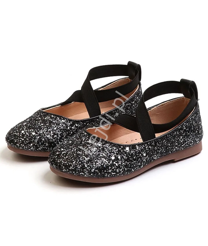 Czarne brokatowe buty dziecięce, błyszczące balerinki dla dziewczynki 251
