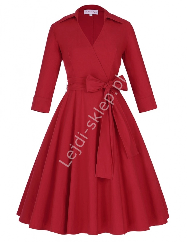 Czerwona bawełniana sukienka vintage, lata 60-te z kopertowym dekoltem