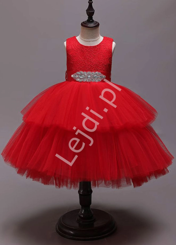 Czerwona wieczorowa sukienka dla dziewczynki z kryształkową ozdobą w pasie 1746