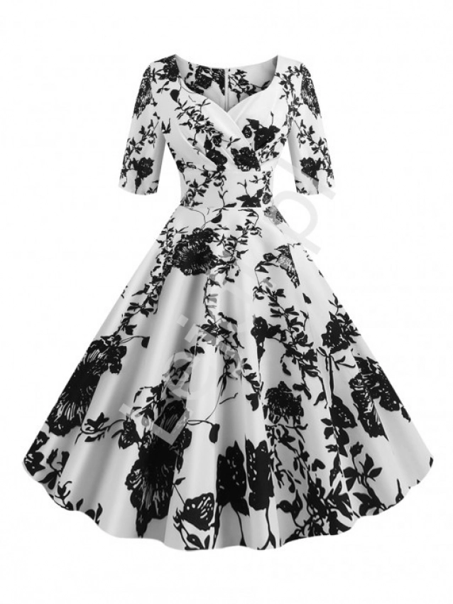 Letnia sukienka retro, biała w czarne kwiaty 437