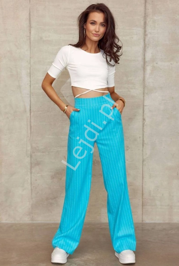 Lniane spodnie w paski, niebieskie spodnie damskie z szerokimi nogawkami 0026
