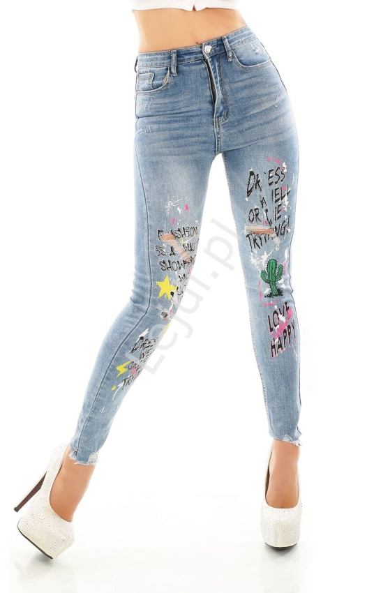Modne jeansy damskie z napisami i kaktusem, wąskie jeansy z bardzo wysoką talią S2102