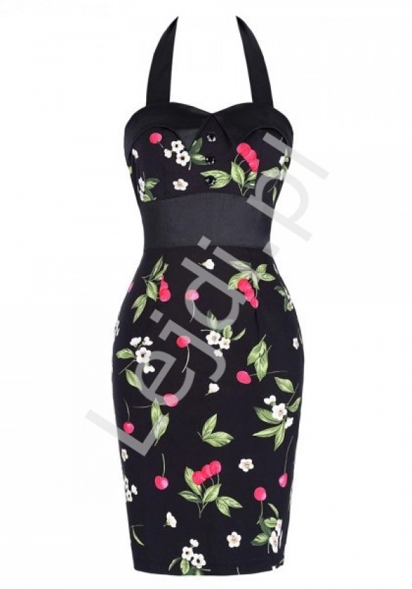 Ołówkowa czarna sukienka w kwiaty, sukienka retro 