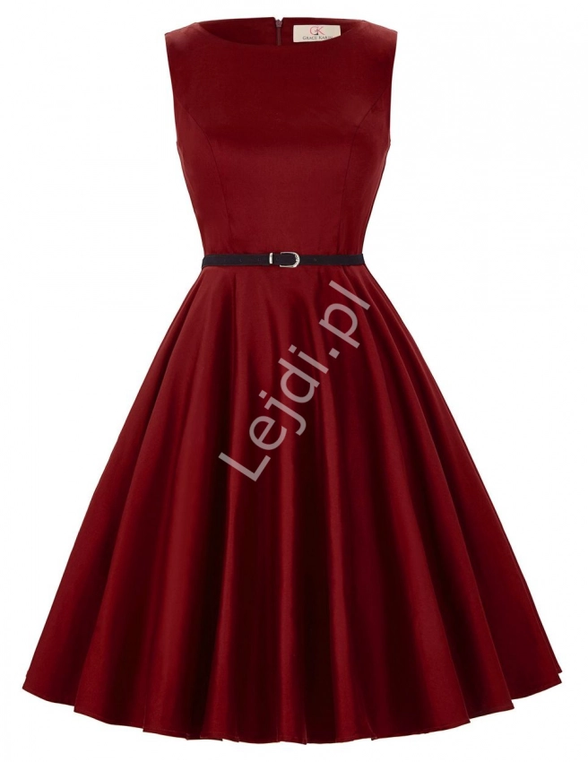 Rozkloszowana sukienka retro, ciemne wino w stylu pin up 6086