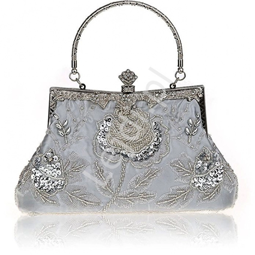 Srebrna torebka w stylu retro z wyszywanym srebrnym kwiatem | barok hand made, wiktoriański styl - RĘKODZIEŁO