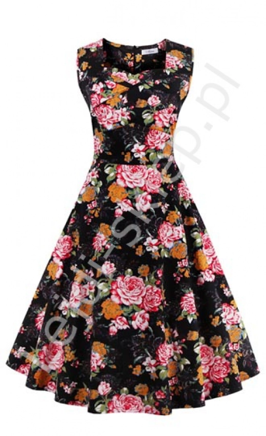 Sukienka pin-up czarna w kolorowe  kwiaty r.36 - r.48, swingdress