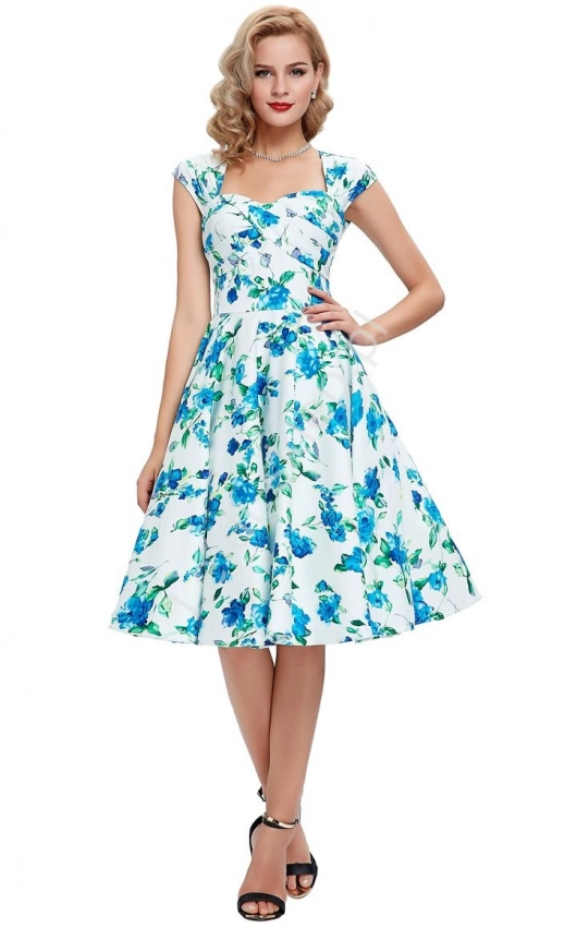 Sukienka pin-up , swingdress, retro w niebieskie kwiaty, 024
