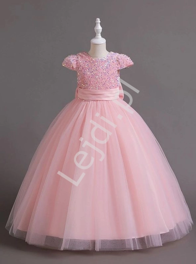 Sukienka wieczorowa dla dziewczynki z cekinami  i tiulowym dołem jasno rózowa C320