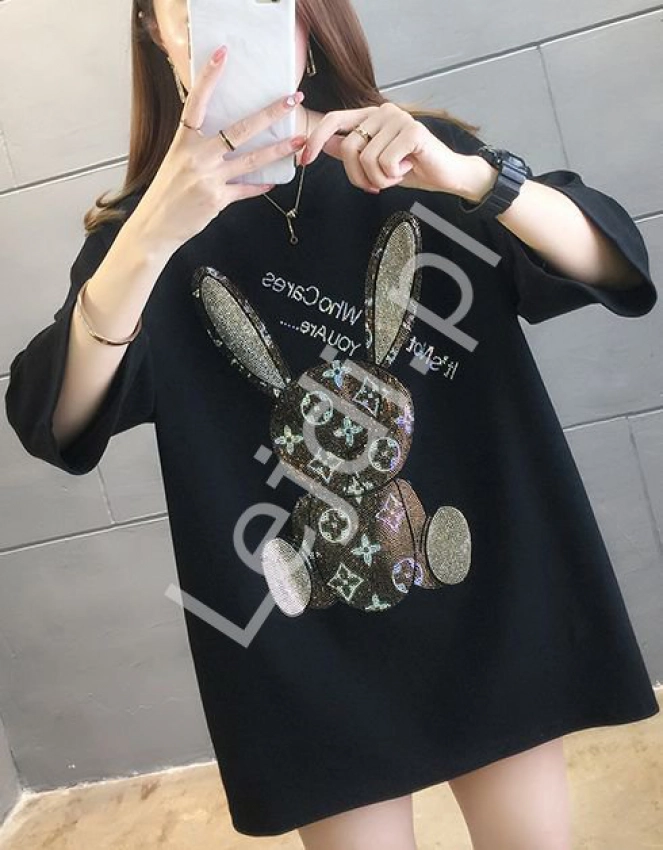 T-shirt Who Cares z kryształkowym królikiem czarny z brązowymi kryształkami