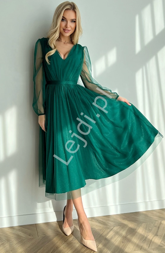 Tiulowa zielona sukienka midi z długim rękawkiem na wesele, studniówkę HB269