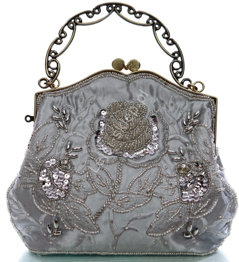 Torebka wieczorowa koraliki, hand made w stylu barokowym - srebrna
