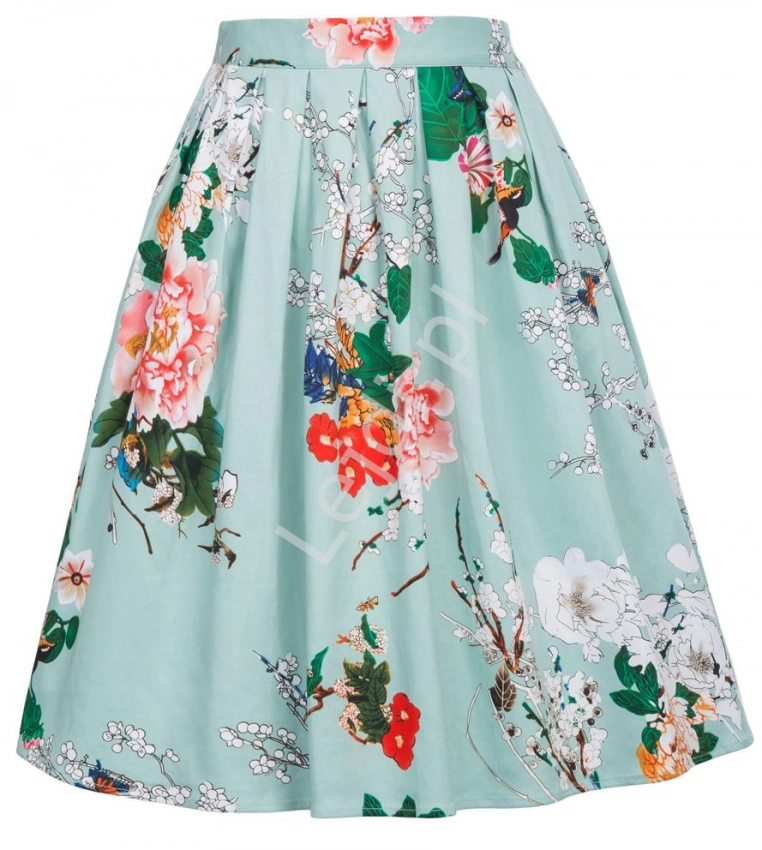 Zielona spódnica w kolorowe kwiaty | rozkloszowana spódnica bawełniana