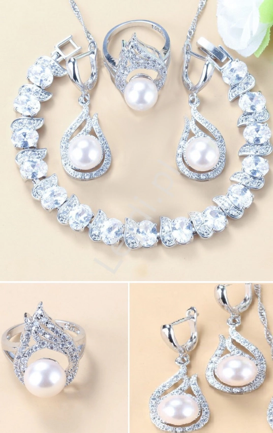 3 częściowa biżuteria ślubna z perłką