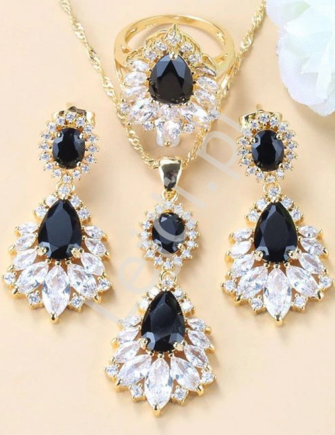 3 częściowy luksusowy zestaw biżuterii wieczorowej z czarnym kryształem