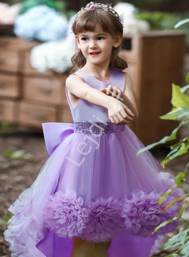 Balowa lawendowa suknia dla dziewczynki sukienka dziecięca z wydłużonym tyłem 5259