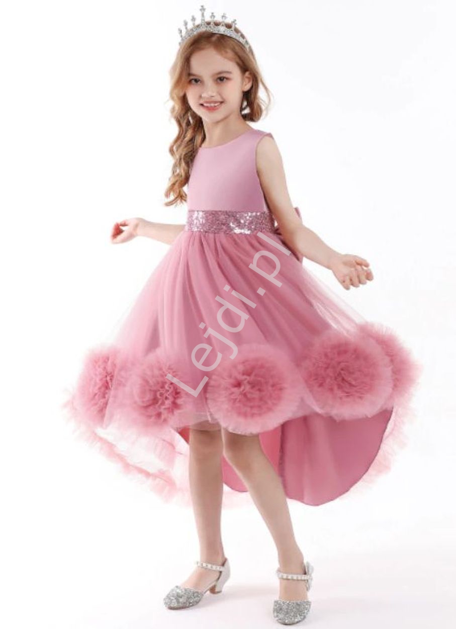 Balowa suknia dla dziewczynki, pustynno różowa sukienka dziecięca z wydłużonym tyłem 5259 - Lejdi