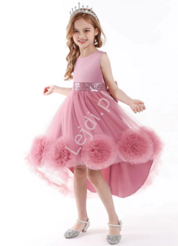 Balowa suknia dla dziewczynki, pustynno różowa sukienka dziecięca z wydłużonym tyłem 5259