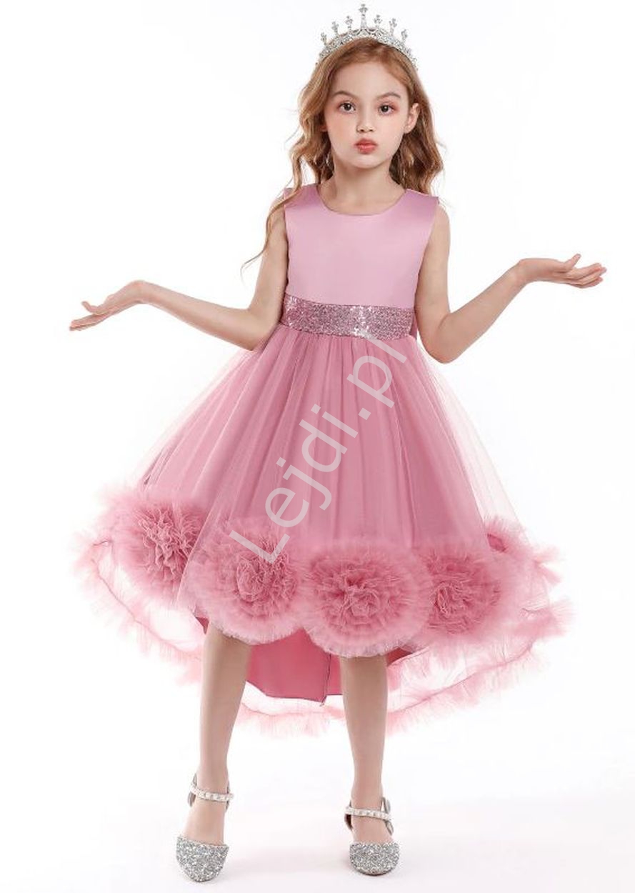 Balowa suknia dla dziewczynki, pustynno różowa sukienka dziecięca z wydłużonym tyłem