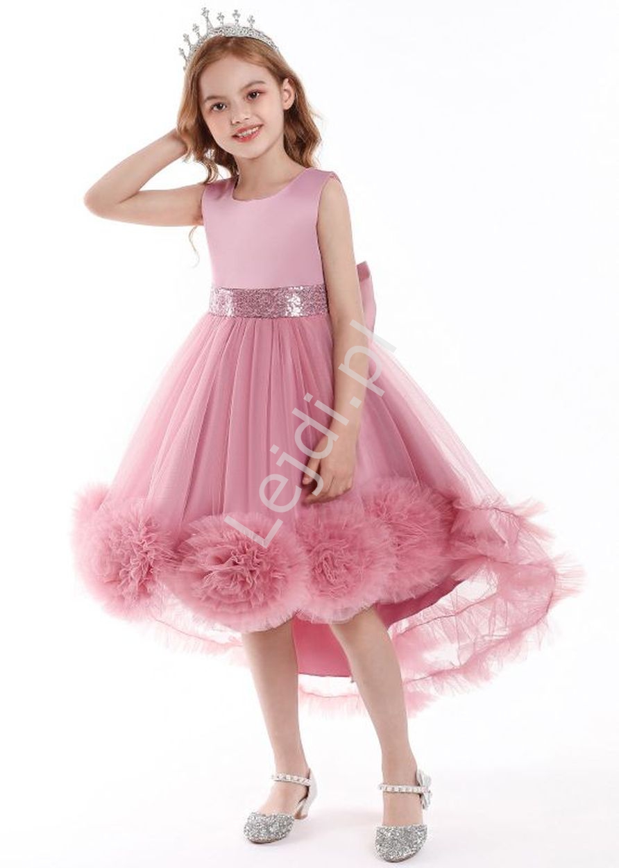Balowa suknia dla dziewczynki, pustynno różowa sukienka dziecięca z wydłużonym tyłem