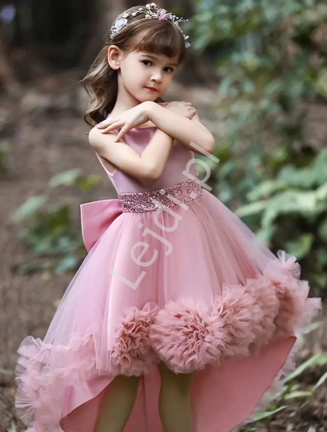 Balowa suknia dla dziewczynki, pustynno różowa sukienka dziecięca z wydłużonym tyłem 5259