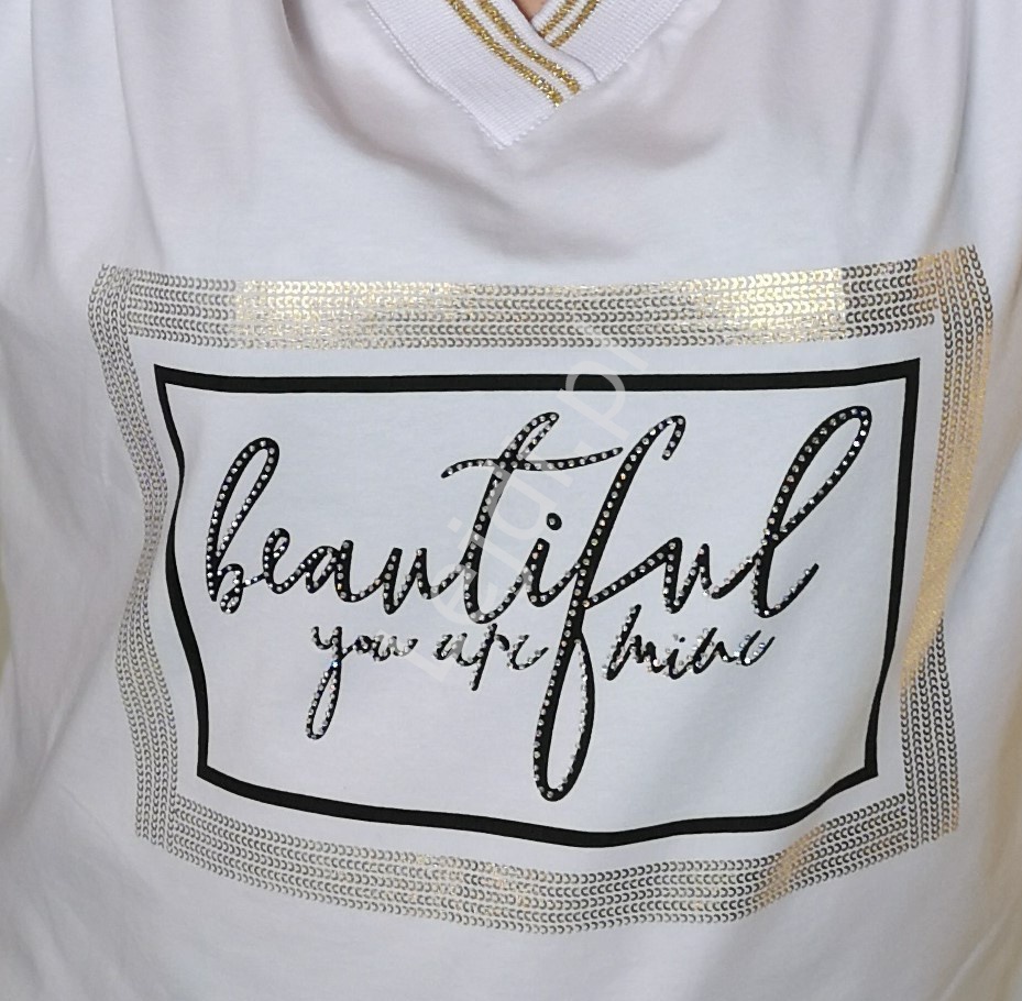 Bawełniana bluzka plus size w białym kolorze z kryształkowym napisem