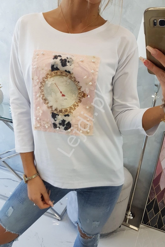 Bawełniana bluzka z zegarkiem, biała bluzka z kwiatkami 3D i perełkami 6824