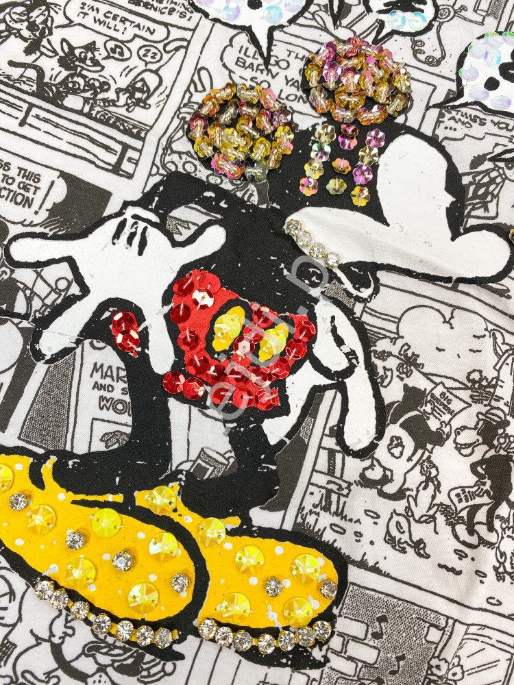 Bawełniana koszulka damska komiks myszka miki z cekinami i koralikami