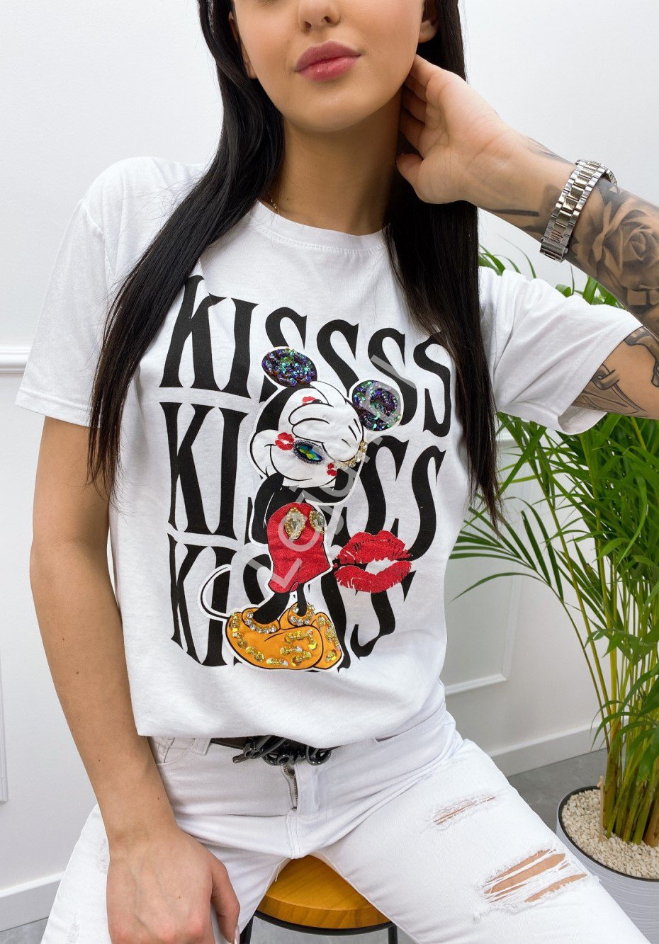 Bawełniana koszulka z Myszką Miki zdobioną kryształkami, koralikami, Biały t-shirt kisss - Lejdi