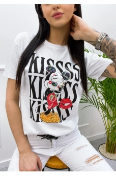 Bawełniana koszulka z Myszką Miki zdobioną kryształkami, koralikami, Biały t-shirt kisss 