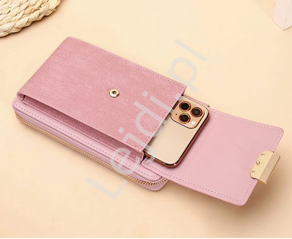 różowy portfel z miejscem na telefon, saszetka portfel na długim pasku