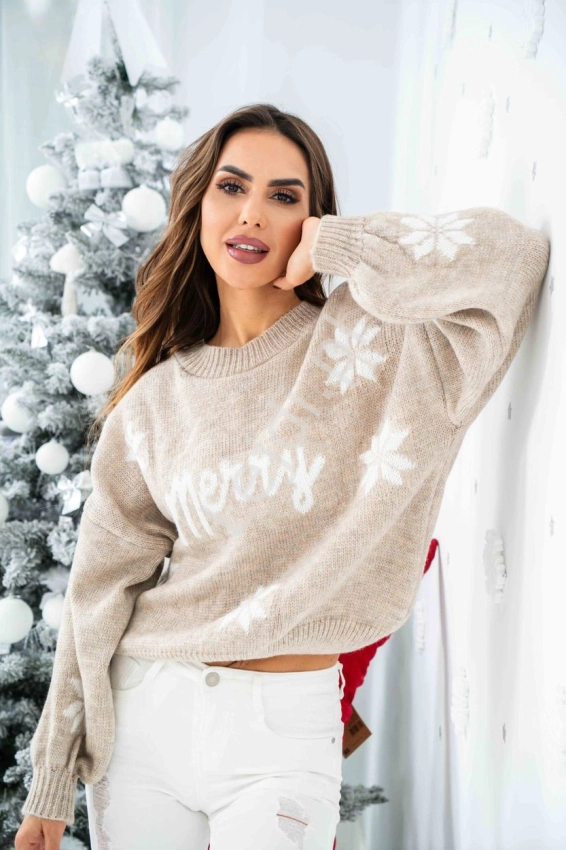 Beżowy sweter damski z śnieżynkami i napisem MERRY, świąteczny sweter na prezent 6205