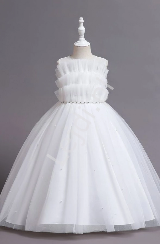 Biała długa sukienka z perełkami dla dziewczynki  na komunie 304