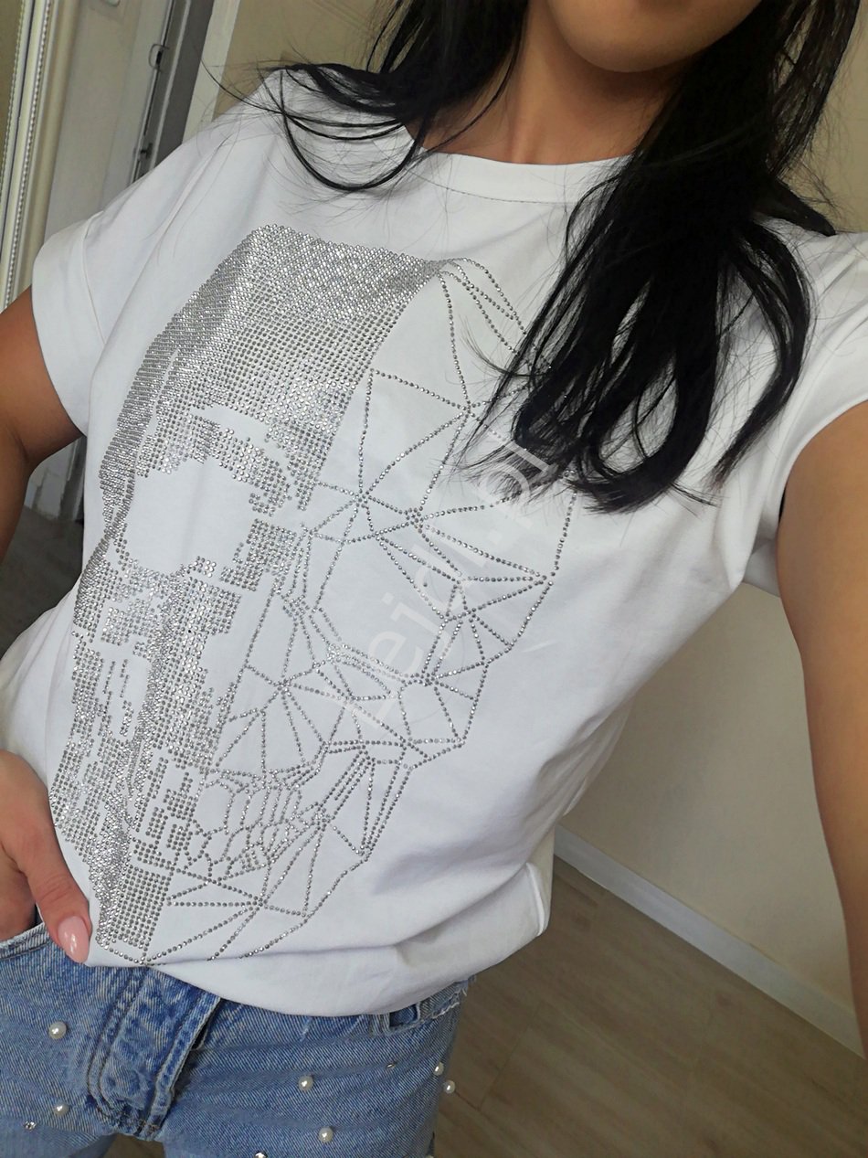 Biała koszulka z czaszką z kryształków, bawełniana koszulka skull 