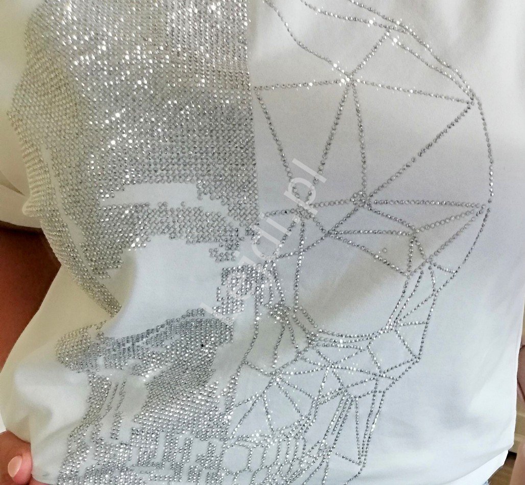 Biała koszulka z czaszką z kryształków, bawełniana koszulka skull 