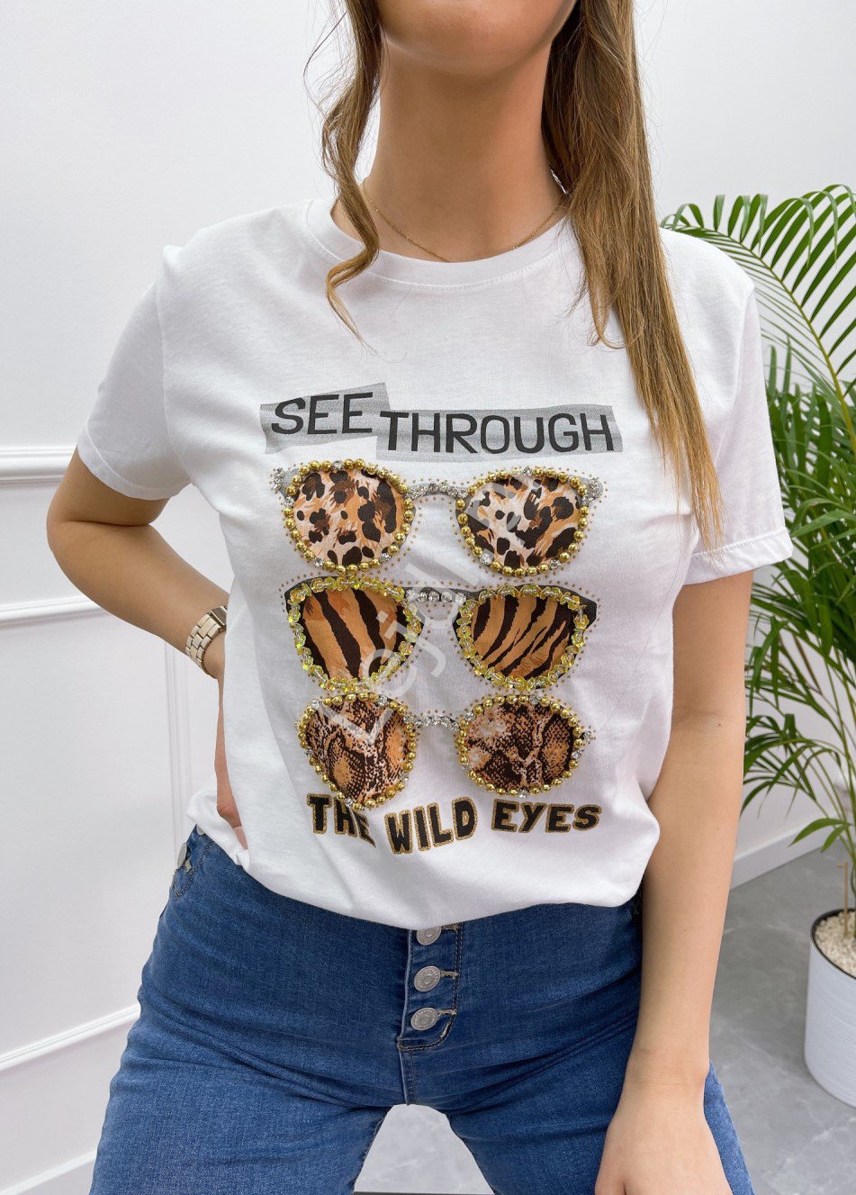  Biała koszulka z okularami z zwierzęcym wzorem, damski t-shirt Mint z kryształkami 