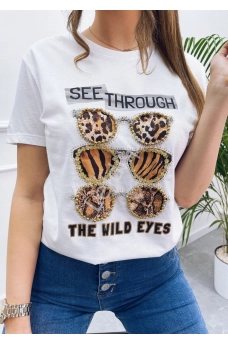 Biała koszulka z okularami z zwierzęcym wzorem, damski t-shirt Mint z kryształkami 