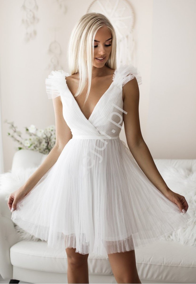 Biała krótka sukienka tiulowa, ślubna krótka sukienka