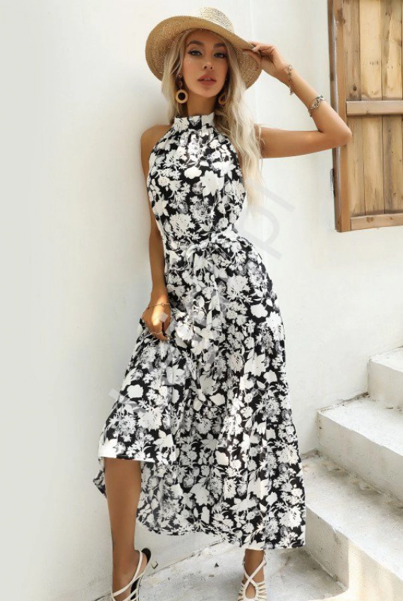 Czarna letnia sukienka w białe kwiaty 3971