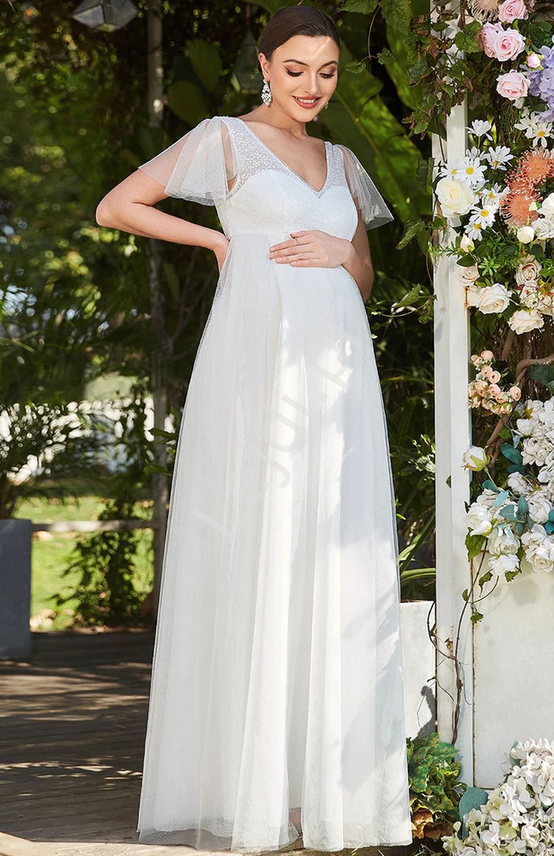 Biała ślubna sukienka ciążowa z cekinowym zdobieniem