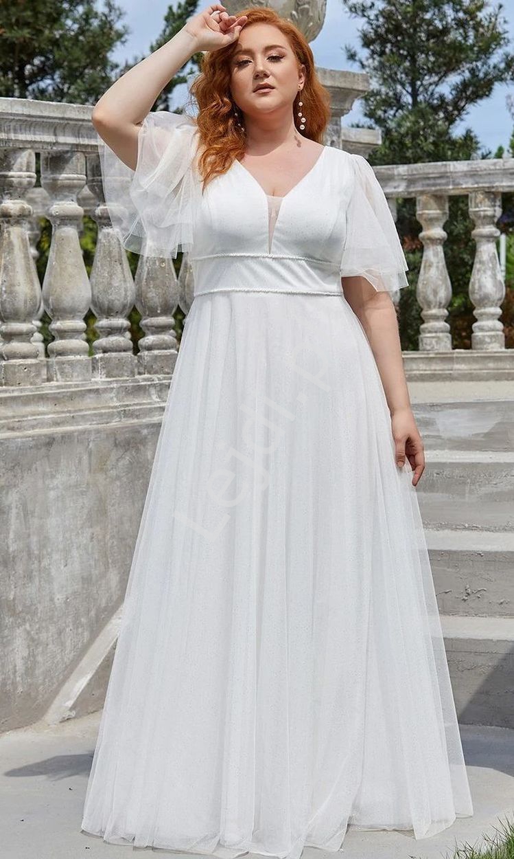 Biała ślubna sukienka Plus Size w romantyczym stylu z brokatem