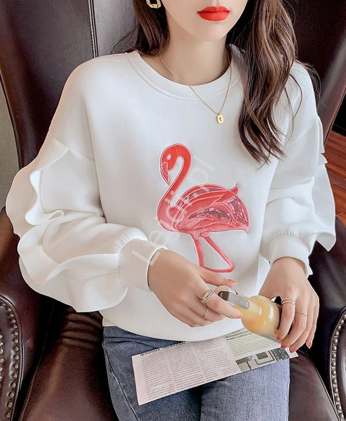 Biała stylowa bluza damska z flamingiem 4864