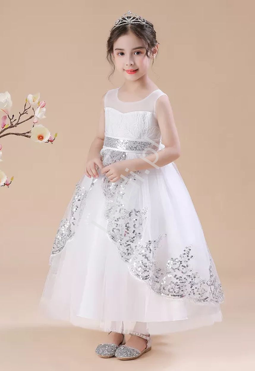 Biała sukienka dla dziewczynki, komunijna sukienka z cekinami