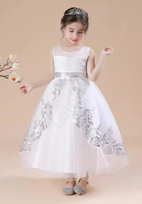 Biała sukienka dla dziewczynki, komunijna sukienka z cekinami A11