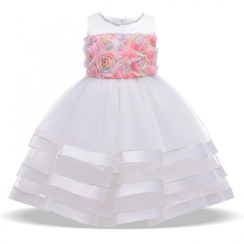 Biała sukienka dla dziewczynki z perełkami i kwiatkami 